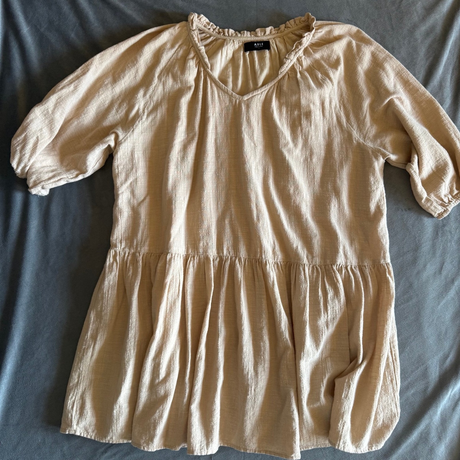 Able Small Hannah Raglan Flounce Mini Dress Tan 100% Cotton